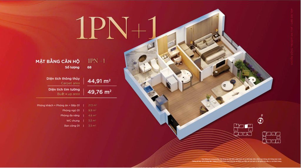 Căn hộ 1 phòng ngủ +1 BV Dimoand Hill Thái Nguyên